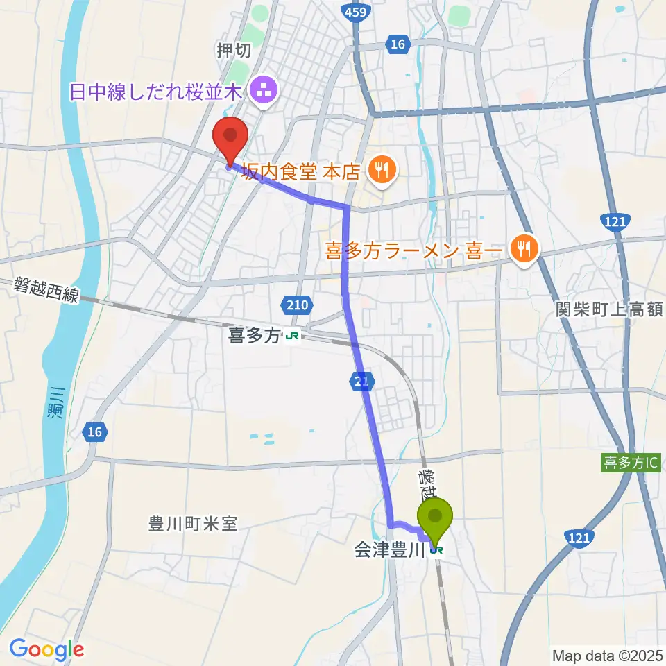 会津豊川駅から喜多方シティエフエムへのルートマップ地図