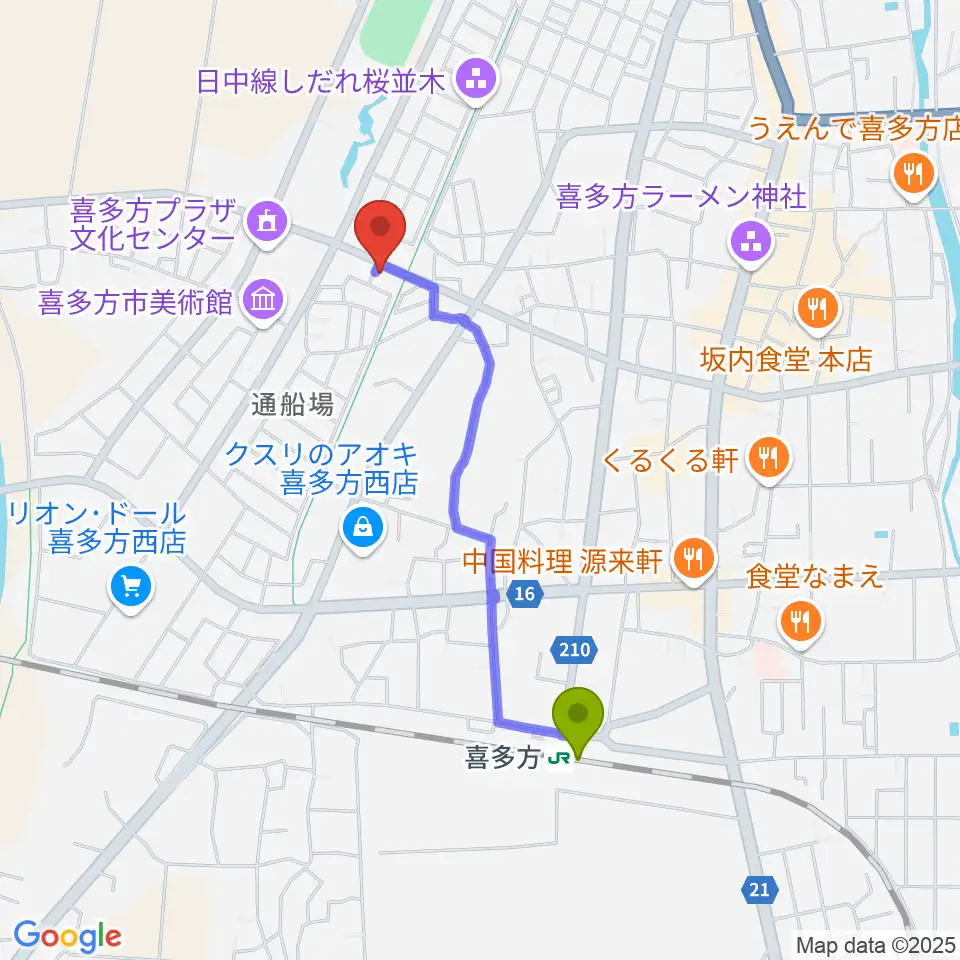 喜多方シティエフエムの最寄駅喜多方駅からの徒歩ルート（約17分）地図