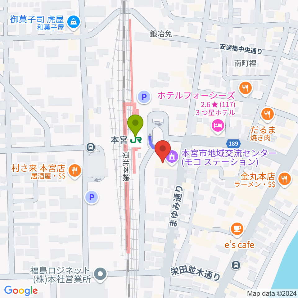 FMモットコムの最寄駅本宮駅からの徒歩ルート（約1分）地図