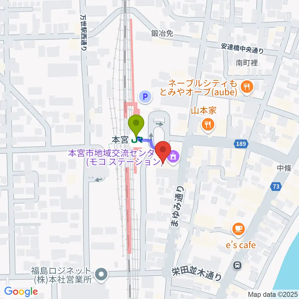 FMモットコムの最寄駅本宮駅からの徒歩ルート（約1分）地図