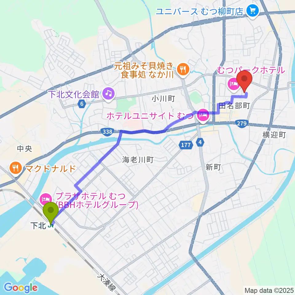 FMアジュールの最寄駅下北駅からの徒歩ルート（約46分）地図