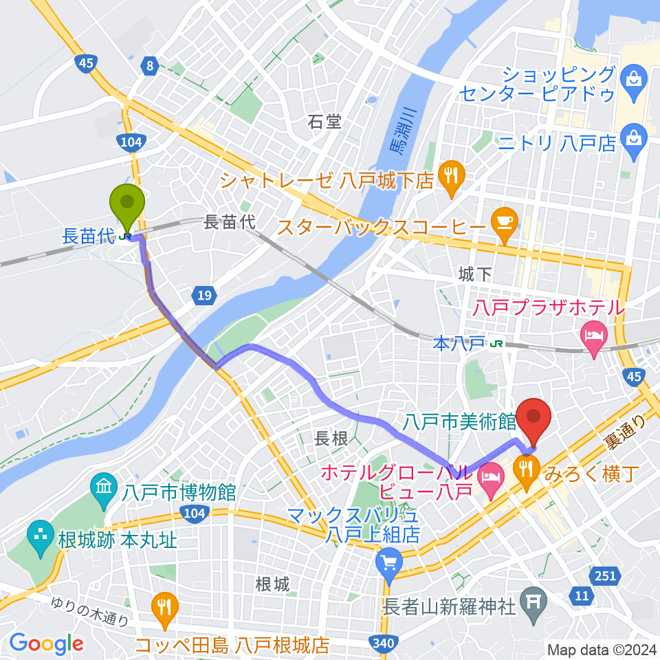 長苗代駅からビーエフエムへのルートマップ地図