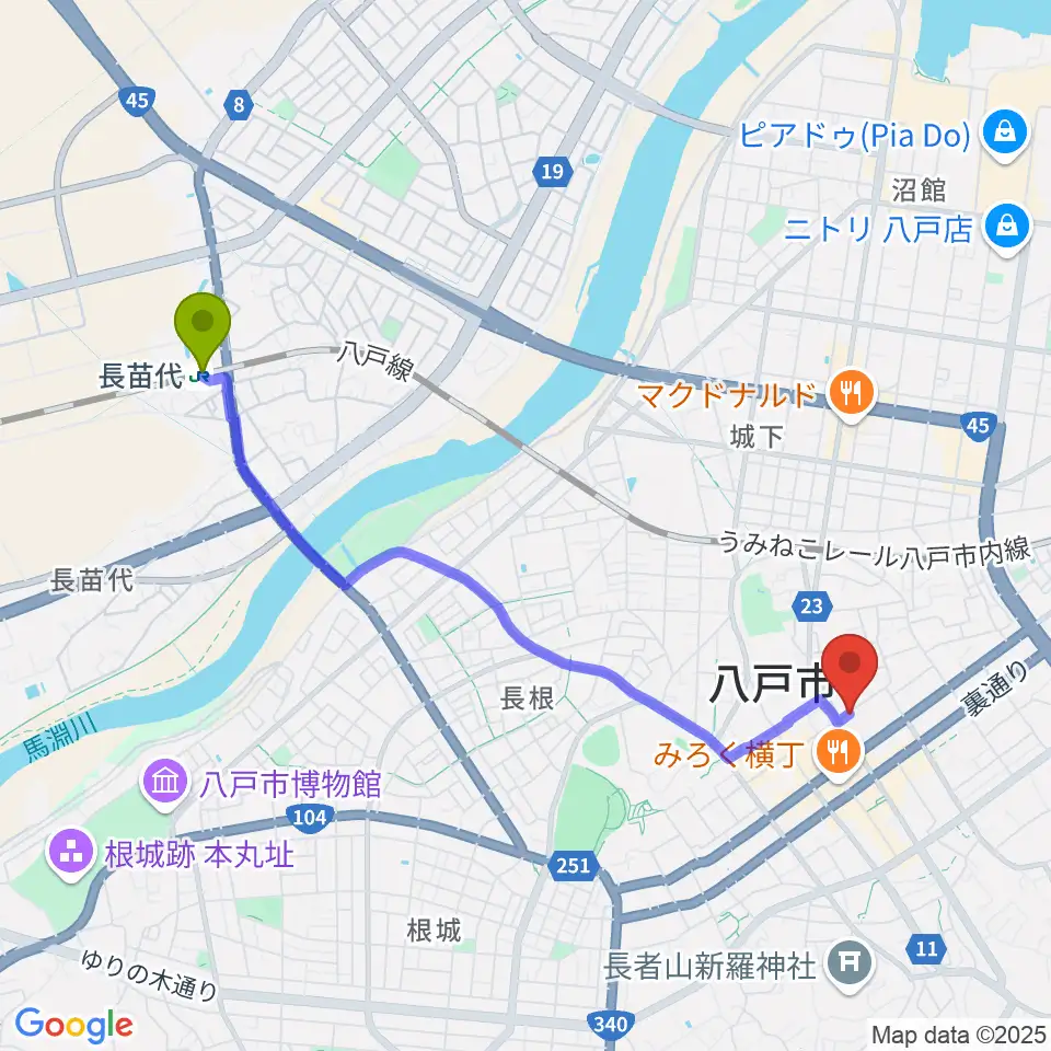 長苗代駅からビーエフエムへのルートマップ地図