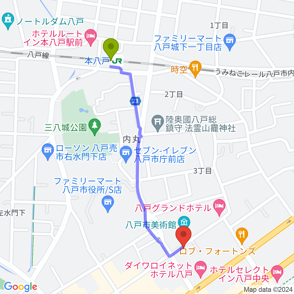 ビーエフエムの最寄駅本八戸駅からの徒歩ルート（約10分）地図
