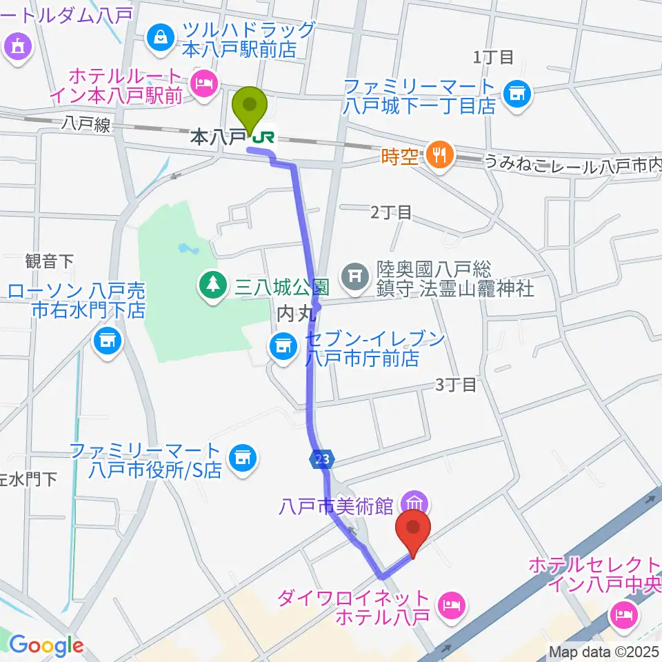 ビーエフエムの最寄駅本八戸駅からの徒歩ルート（約10分）地図