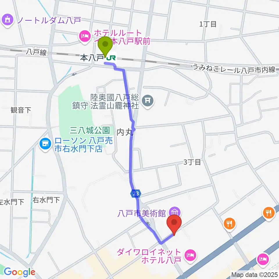 ビーエフエムの最寄駅本八戸駅からの徒歩ルート（約10分）地図