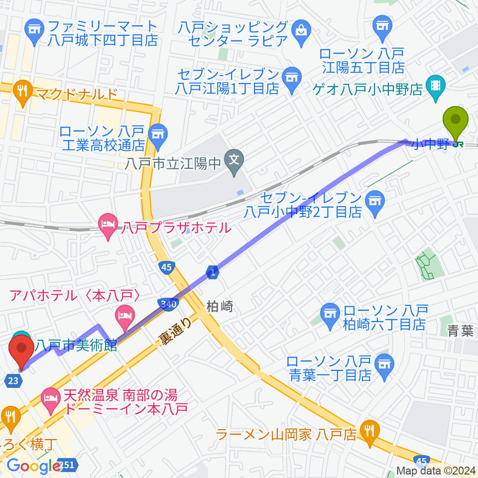 小中野駅からビーエフエムへのルートマップ地図