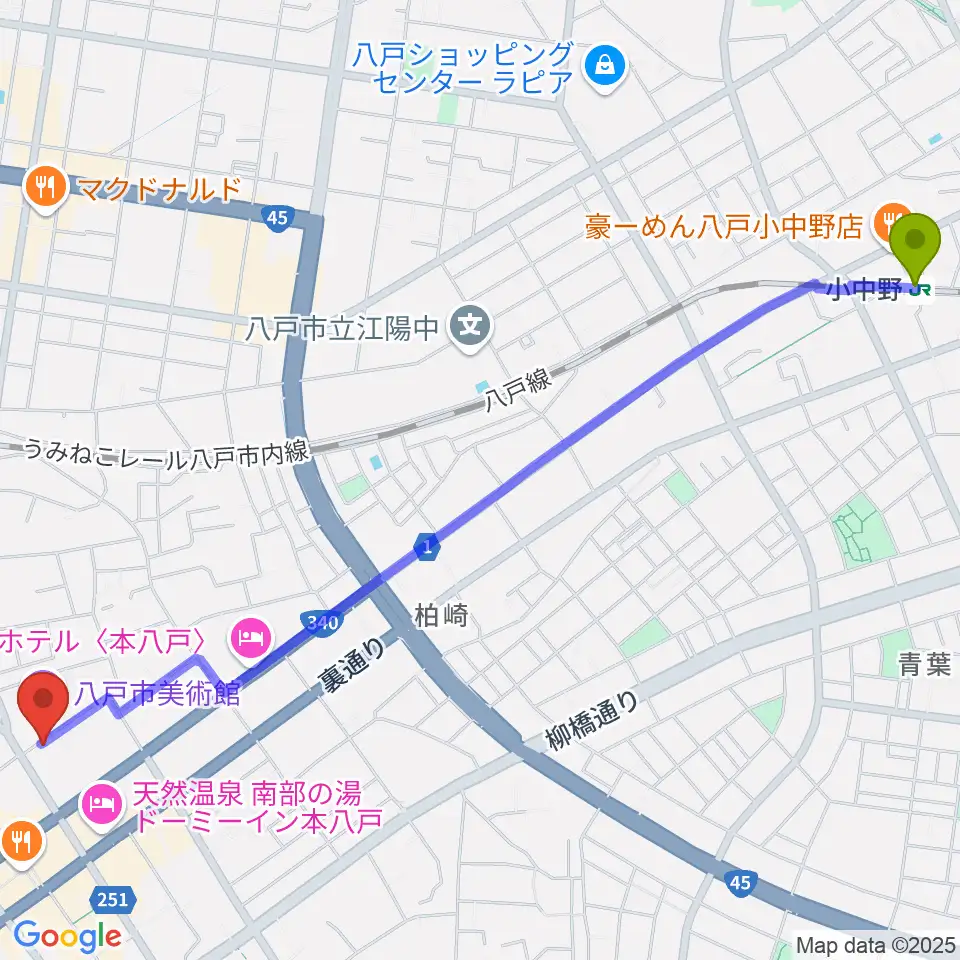 小中野駅からビーエフエムへのルートマップ地図