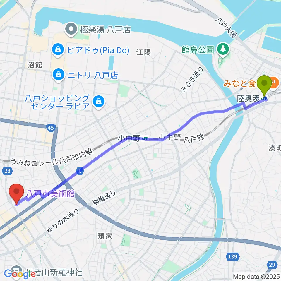 陸奥湊駅からビーエフエムへのルートマップ地図