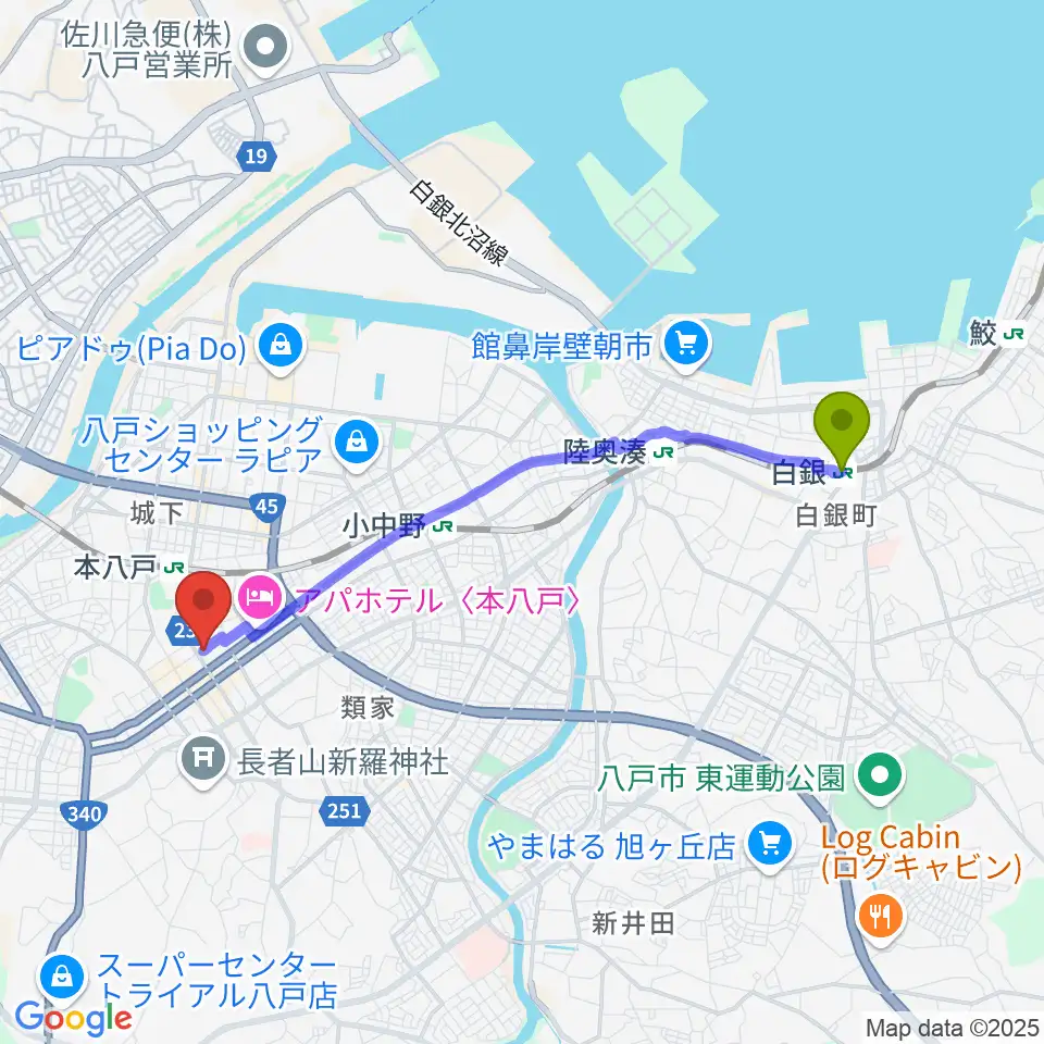 白銀駅からビーエフエムへのルートマップ地図