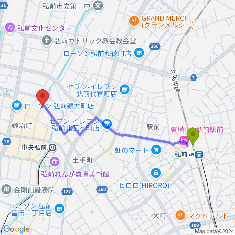 弘前駅からFMアップルウェーブへのルートマップ地図