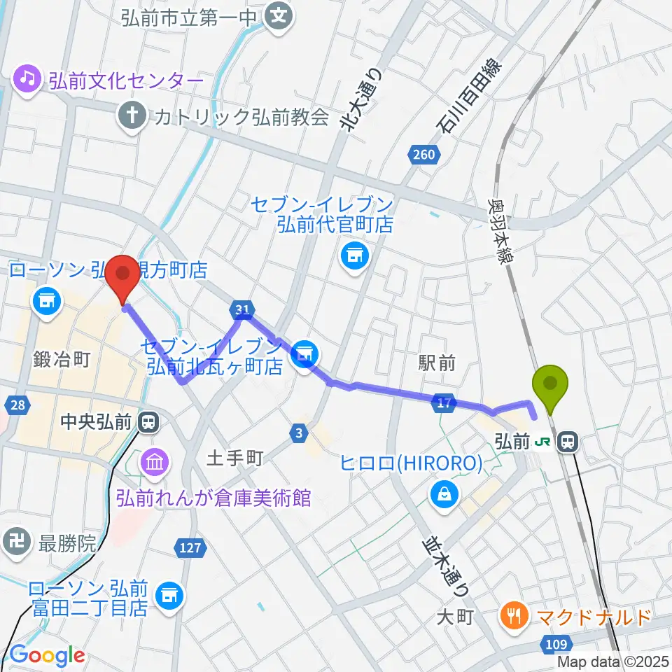 弘前駅からFMアップルウェーブへのルートマップ地図