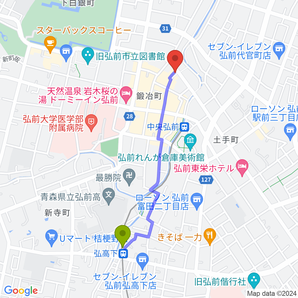 弘高下駅からFMアップルウェーブへのルートマップ地図