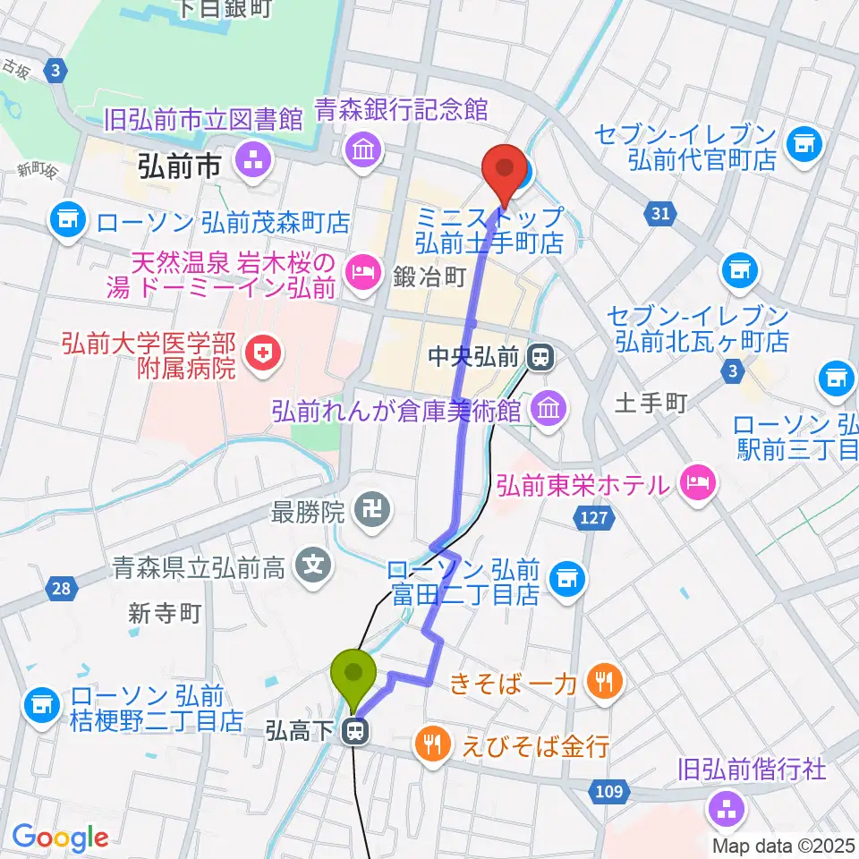 弘高下駅からFMアップルウェーブへのルートマップ地図