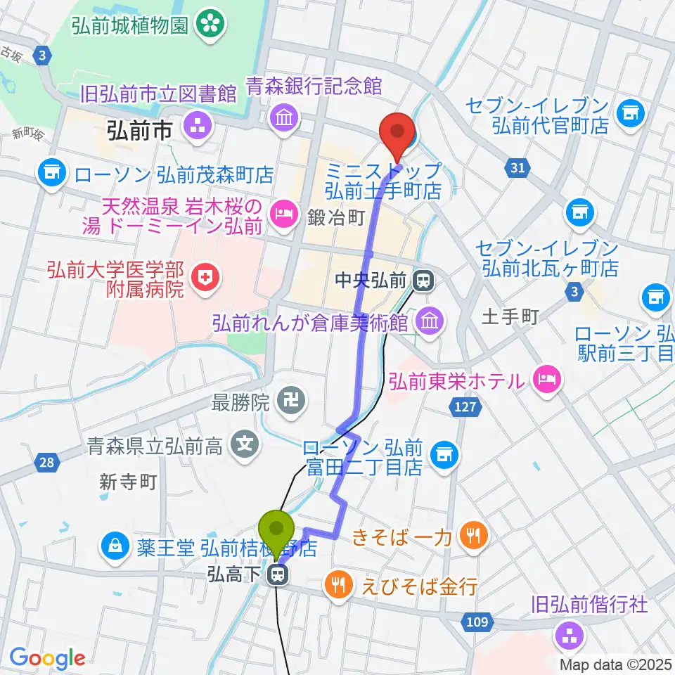 弘高下駅からFMアップルウェーブへのルートマップ地図