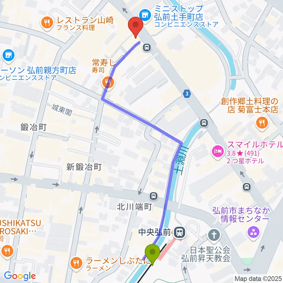 FMアップルウェーブの最寄駅中央弘前駅からの徒歩ルート（約6分）地図