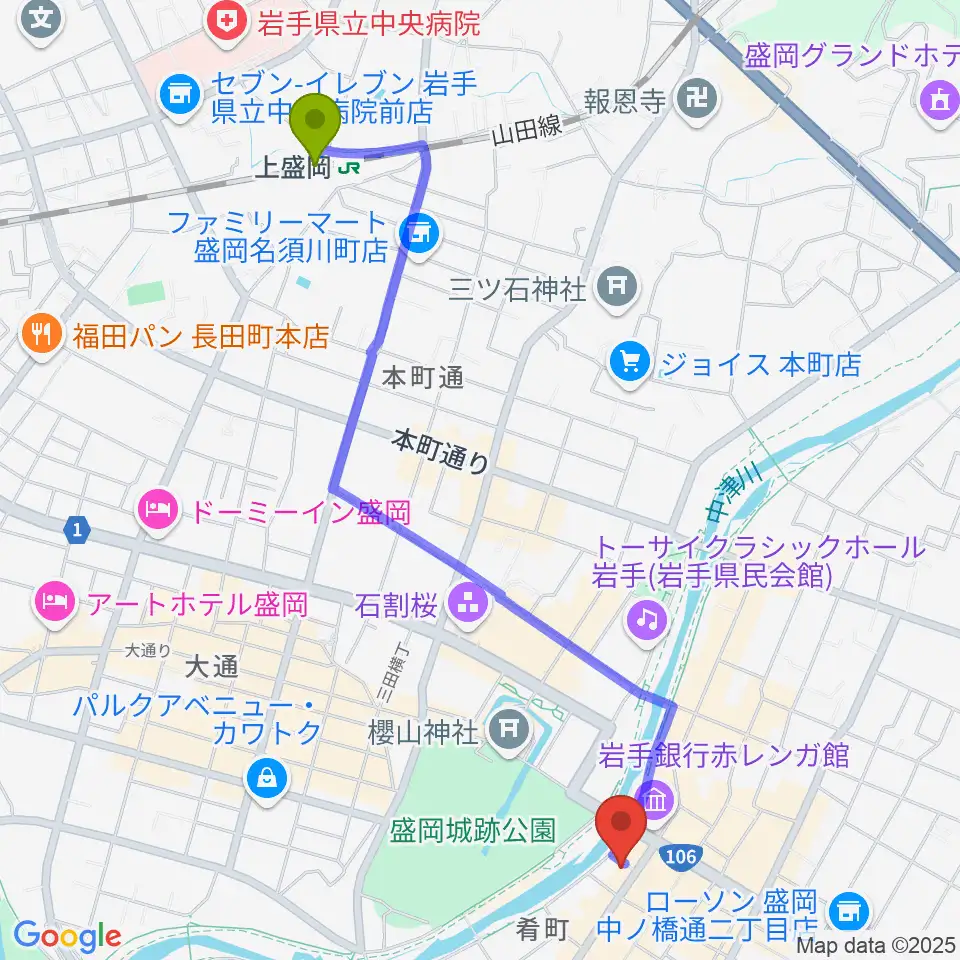 ラヂオもりおかの最寄駅上盛岡駅からの徒歩ルート（約23分）地図