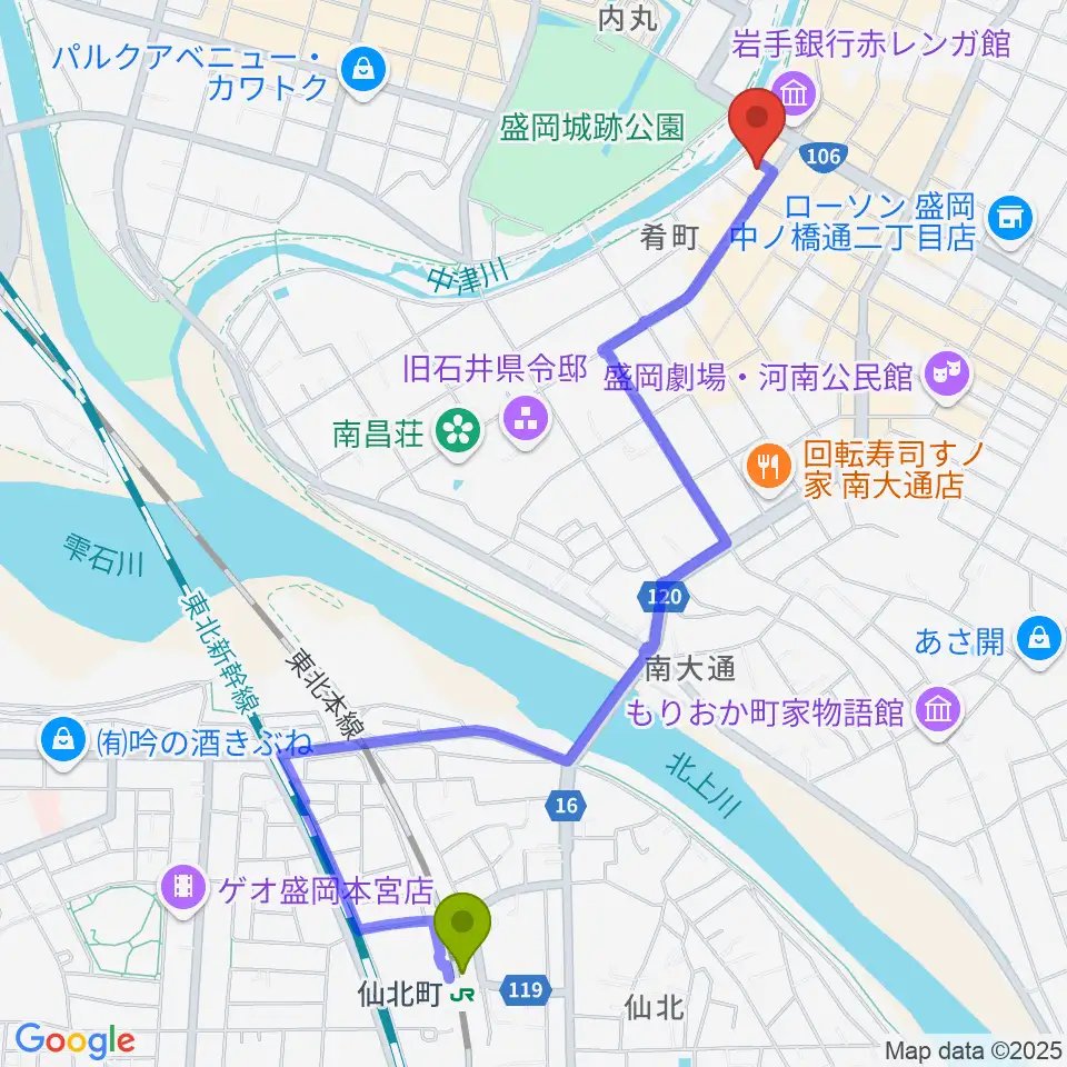 仙北町駅からラヂオもりおかへのルートマップ地図