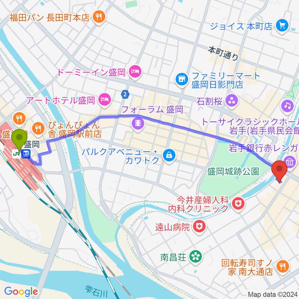 盛岡駅からラヂオもりおかへのルートマップ地図