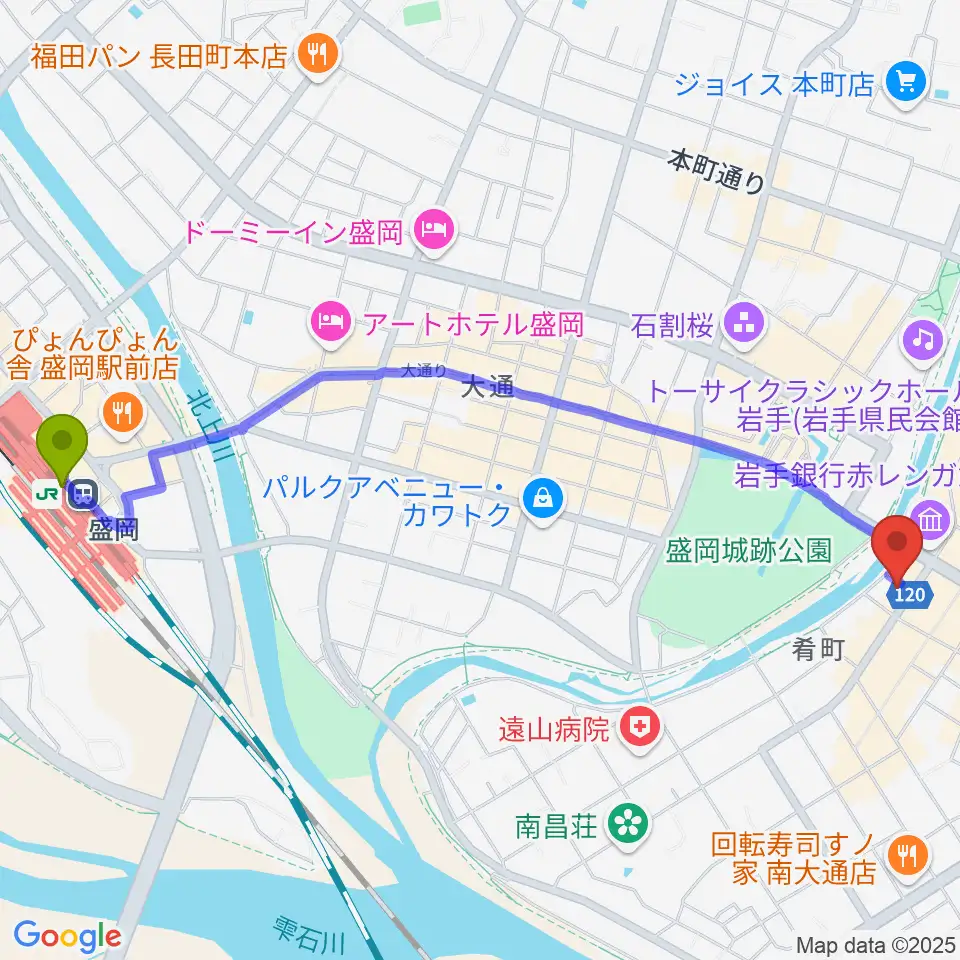 盛岡駅からラヂオもりおかへのルートマップ地図