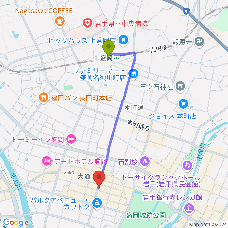 上盛岡駅からCLUB CHANGE WAVEへのルートマップ地図