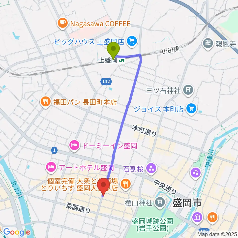 上盛岡駅からCLUB CHANGE WAVEへのルートマップ地図