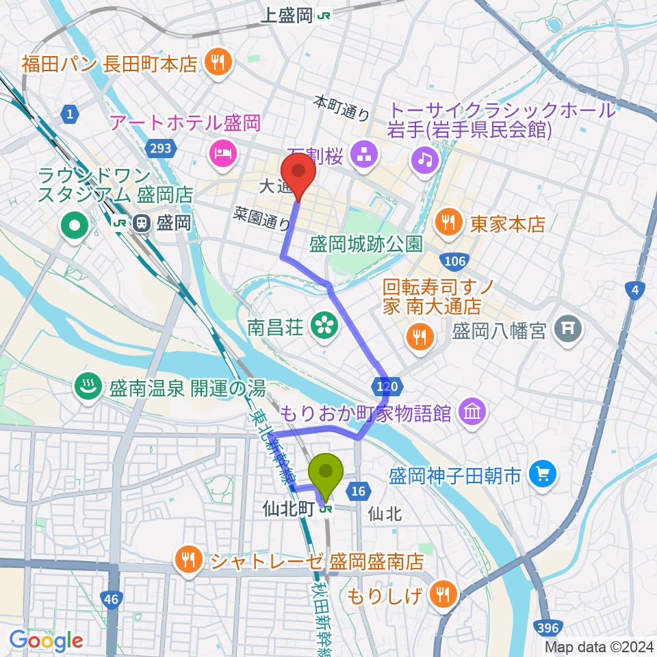 仙北町駅からCLUB CHANGE WAVEへのルートマップ地図