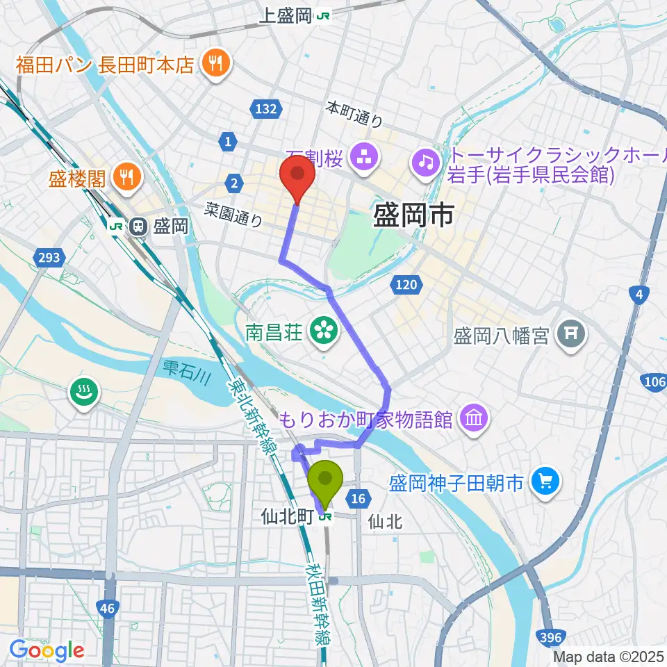 仙北町駅からCLUB CHANGE WAVEへのルートマップ地図