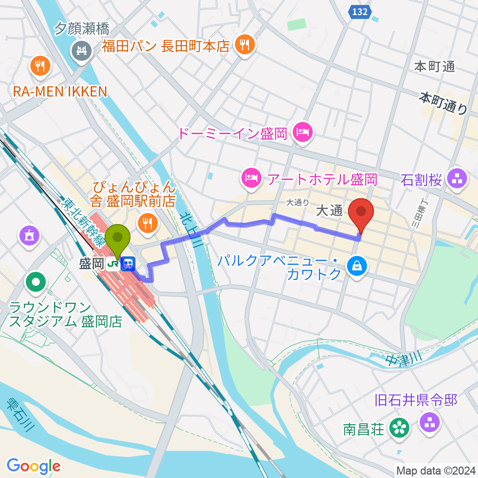 CLUB CHANGE WAVEの最寄駅盛岡駅からの徒歩ルート（約15分）地図