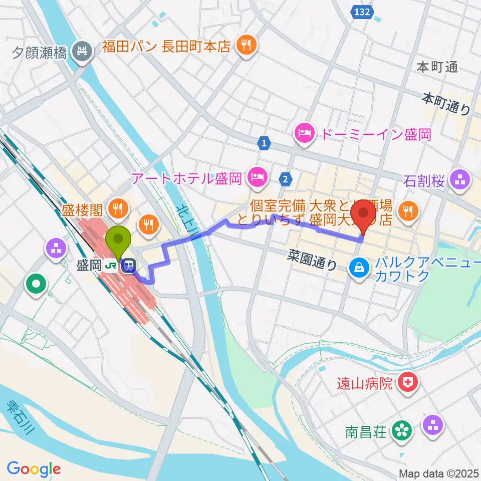 CLUB CHANGE WAVEの最寄駅盛岡駅からの徒歩ルート（約15分）地図