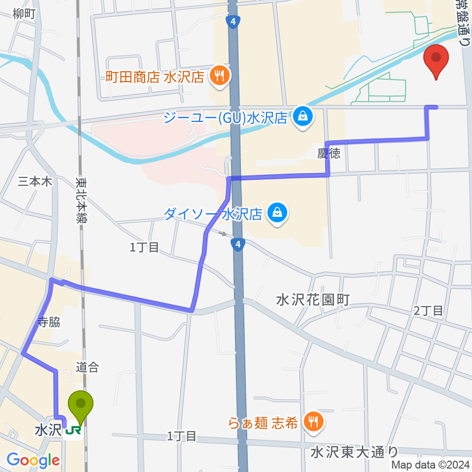 奥州エフエムの最寄駅水沢駅からの徒歩ルート（約16分）地図