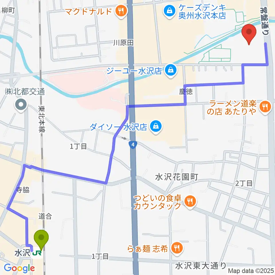 奥州エフエムの最寄駅水沢駅からの徒歩ルート（約16分）地図