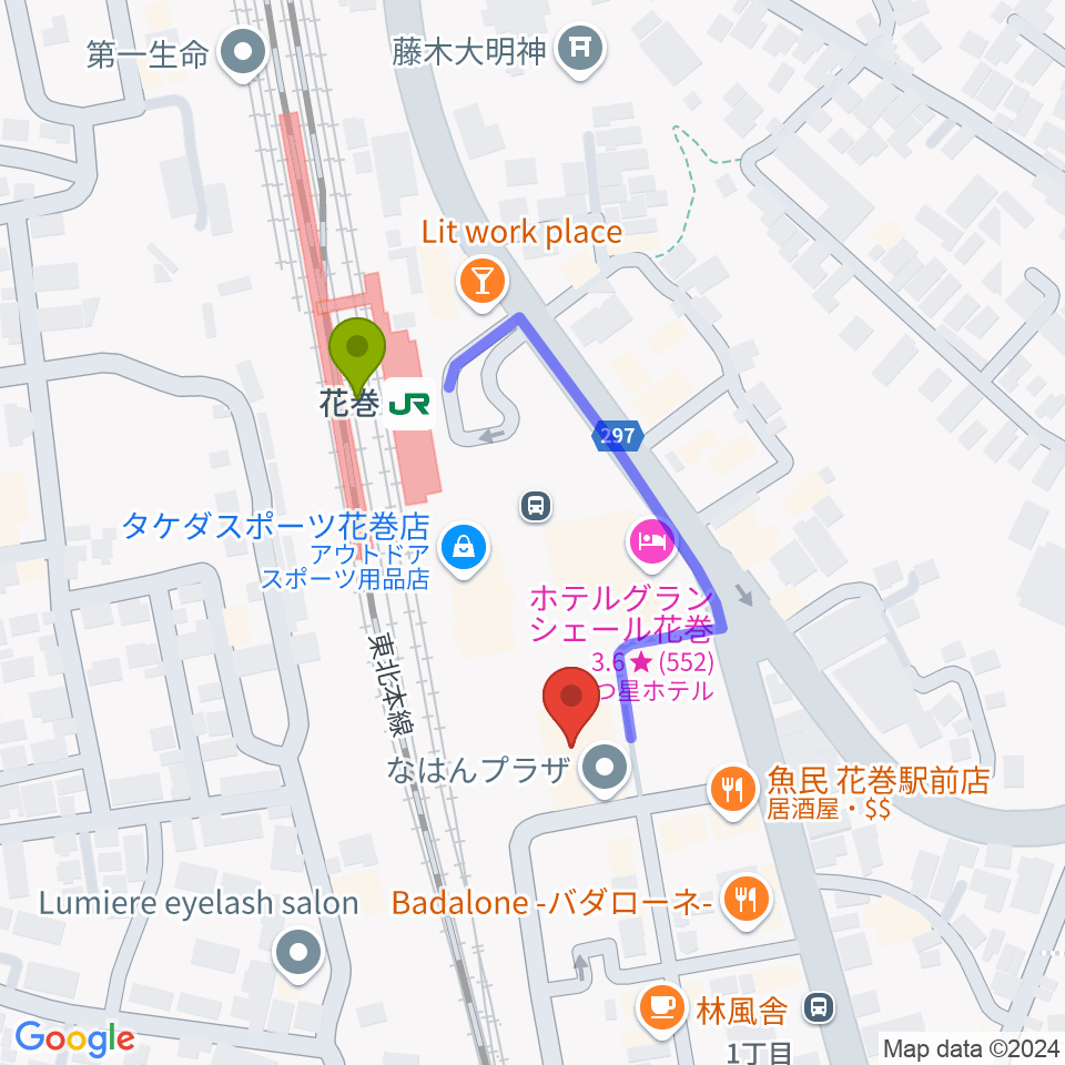 FM One（えふえむ花巻）の最寄駅花巻駅からの徒歩ルート（約3分）地図