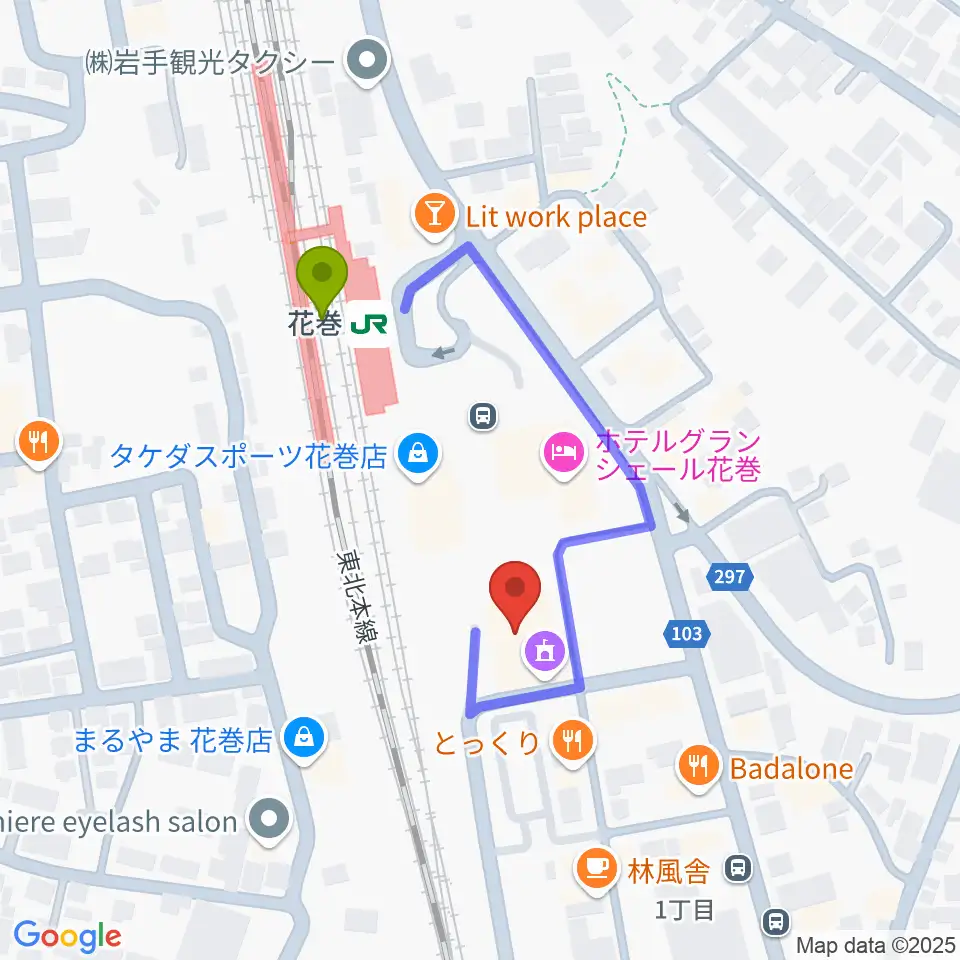 えふえむ花巻の最寄駅花巻駅からの徒歩ルート（約3分）地図