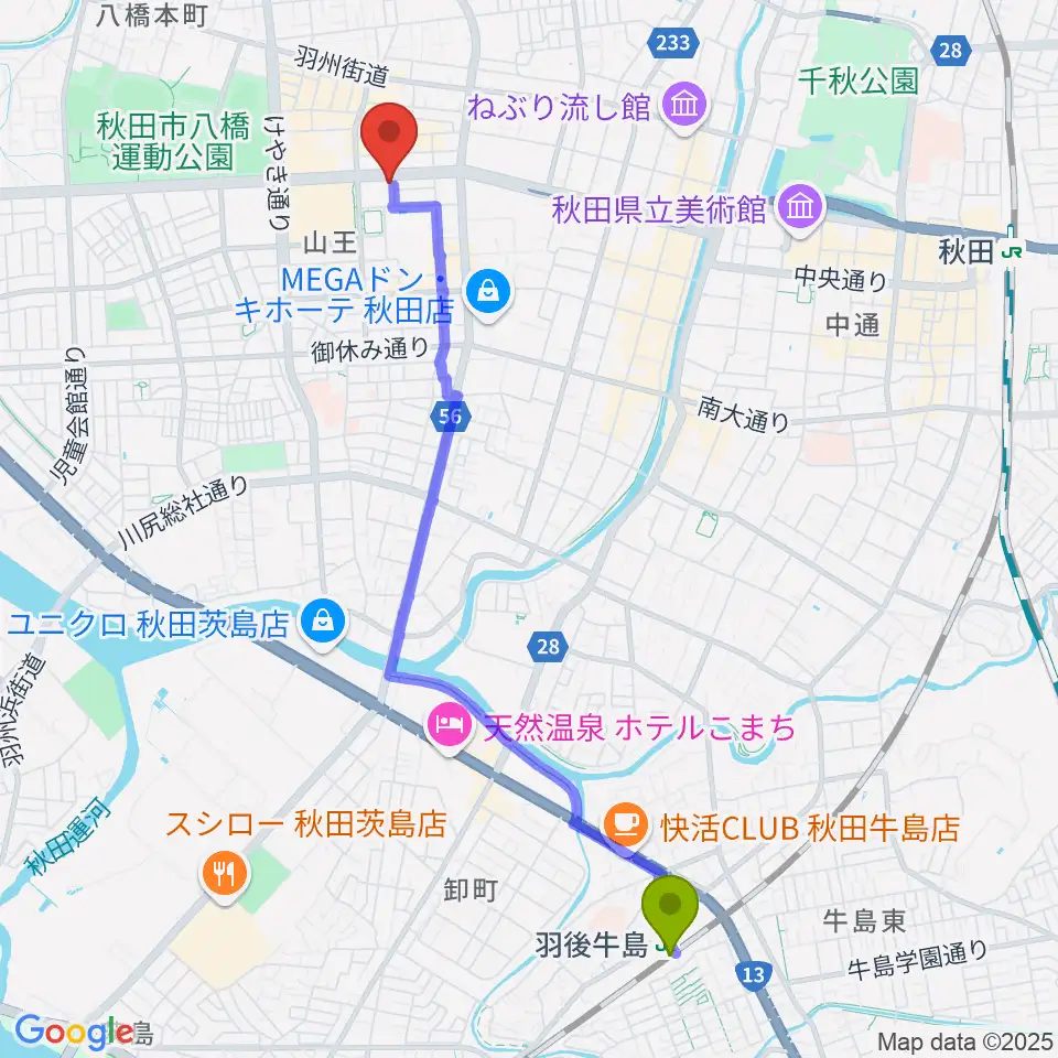 羽後牛島駅から秋田コミュニティー放送へのルートマップ地図