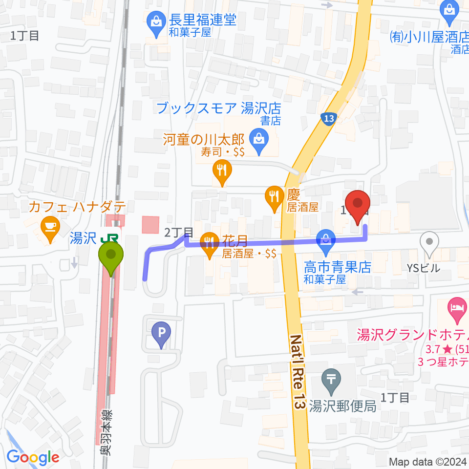 FMゆーとぴあの最寄駅湯沢駅からの徒歩ルート（約4分）地図