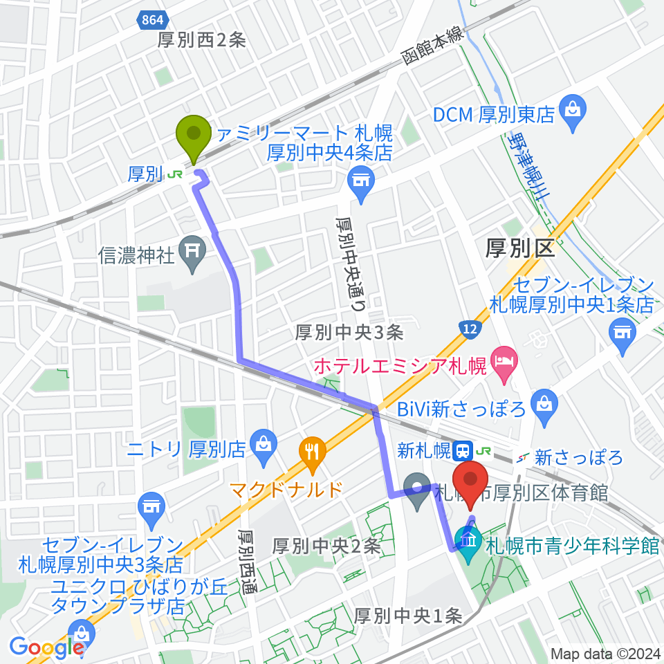 厚別駅からRADIOワンダーストレージ FMドラマシティへのルートマップ地図