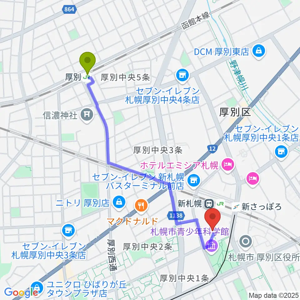 厚別駅からRADIOワンダーストレージ FMドラマシティへのルートマップ地図