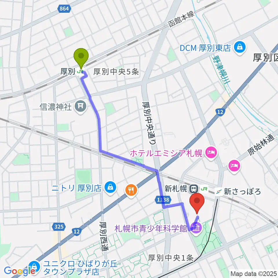 厚別駅からRADIOワンダーストレージ FMドラマシティへのルートマップ地図