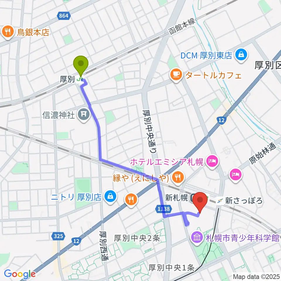 厚別駅からRADIO YAMASHO FMドラマシティへのルートマップ地図