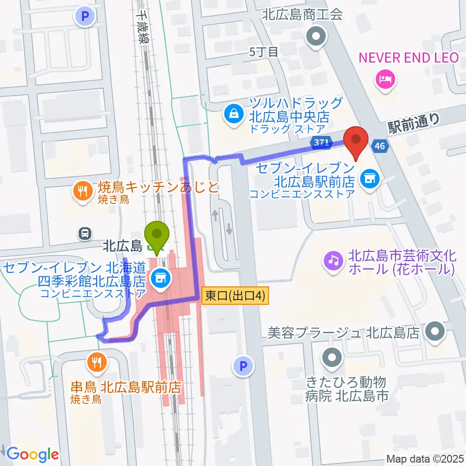 FMメイプルの最寄駅北広島駅からの徒歩ルート（約3分）地図