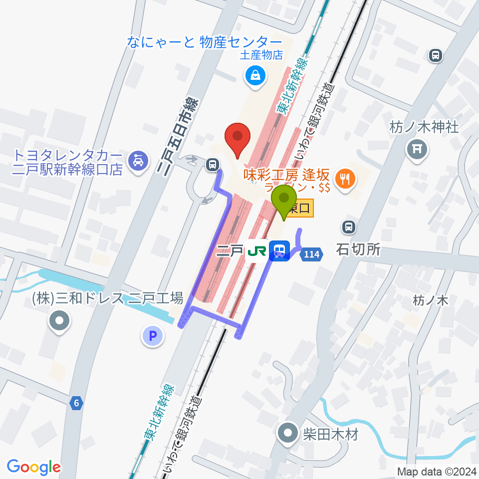 カシオペアFMの最寄駅二戸駅からの徒歩ルート（約1分）地図