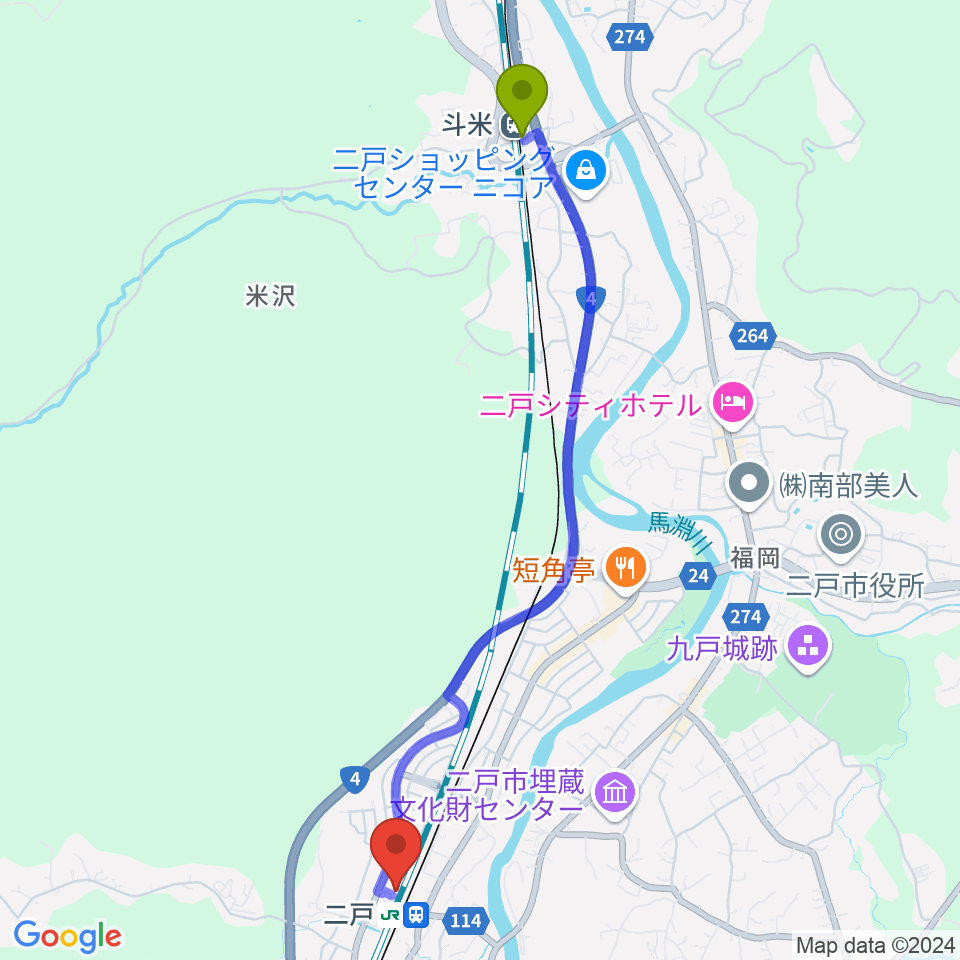 斗米駅からカシオペアFMへのルートマップ地図