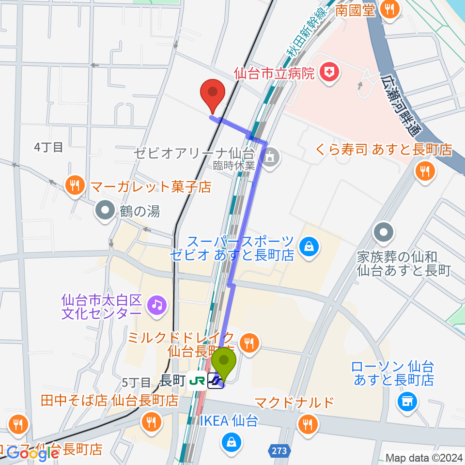 長町駅からエフエムたいはくへのルートマップ地図