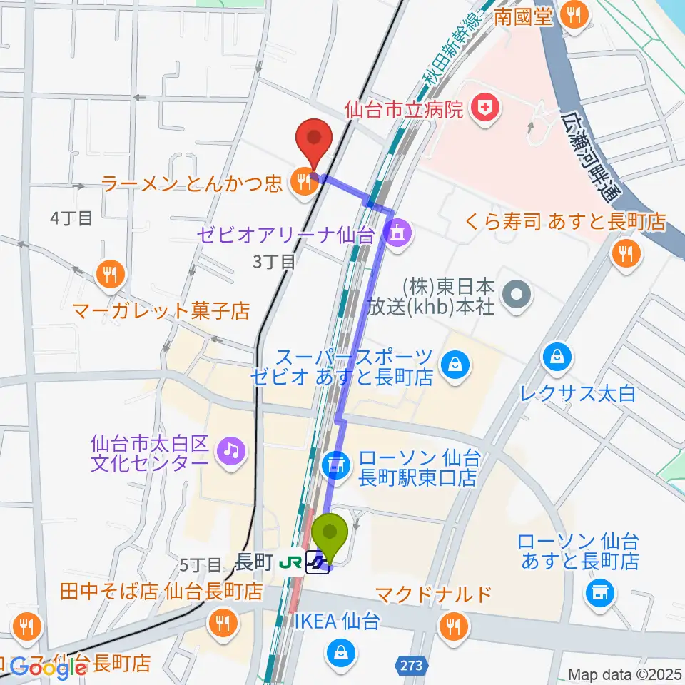 長町駅からエフエムたいはくへのルートマップ地図