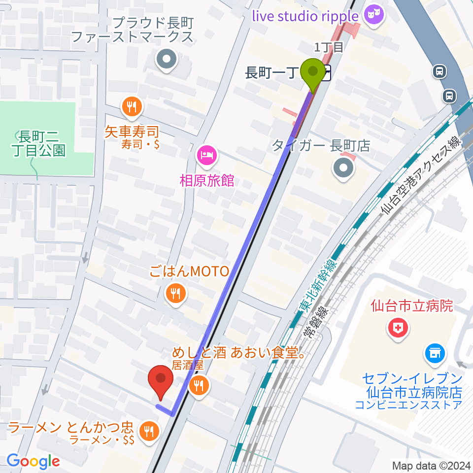 エフエムたいはくの最寄駅長町一丁目駅からの徒歩ルート（約5分）地図