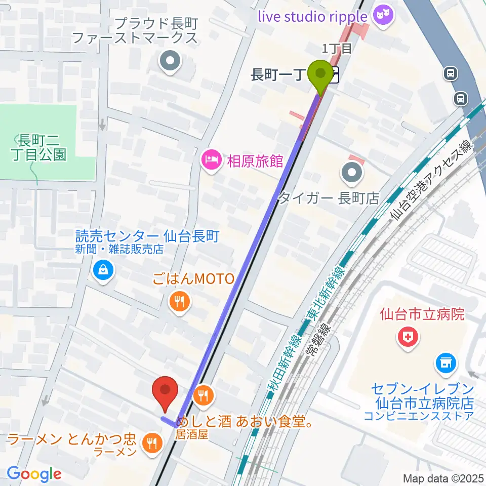 エフエムたいはくの最寄駅長町一丁目駅からの徒歩ルート（約5分）地図