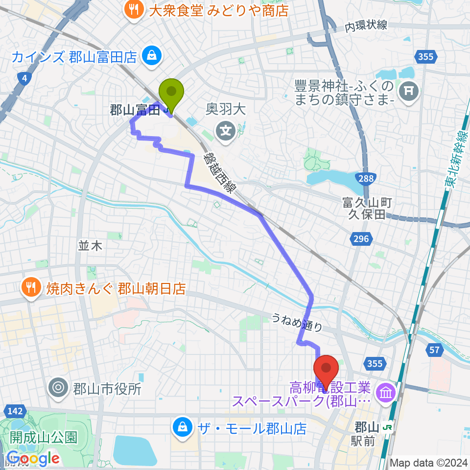 郡山富田駅からココラジへのルートマップ地図