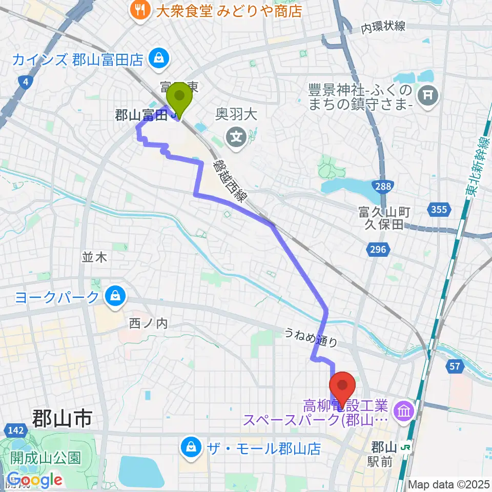 郡山富田駅からココラジへのルートマップ地図