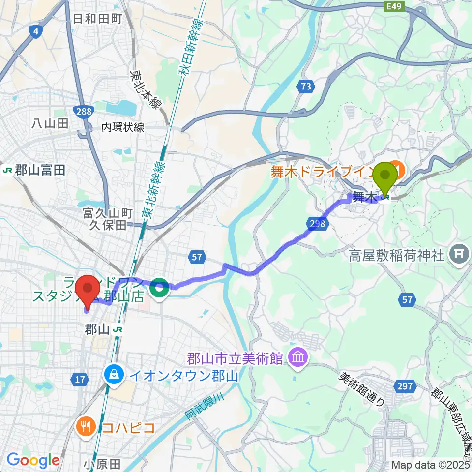 舞木駅からココラジへのルートマップ地図